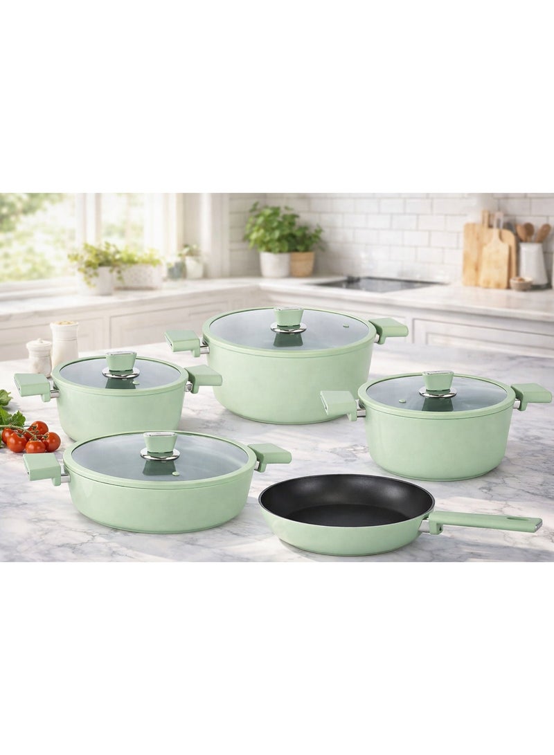 أوزو طقم أواني طهي أوزو بريميوم مكون من 9 قطع، لون المحار، أخضر ناعم، يشم، جرانيتاك، غير لاصق، مع أغطية زجاجية، رقم الموديل 3933، صنع في تركيا - Image 1